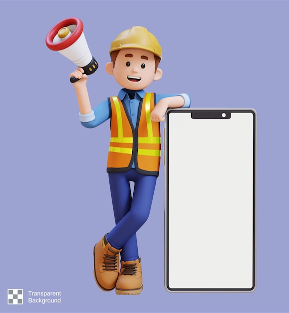 PSD 3d construction worker character holding megaphone and lying on big empty phone screen
