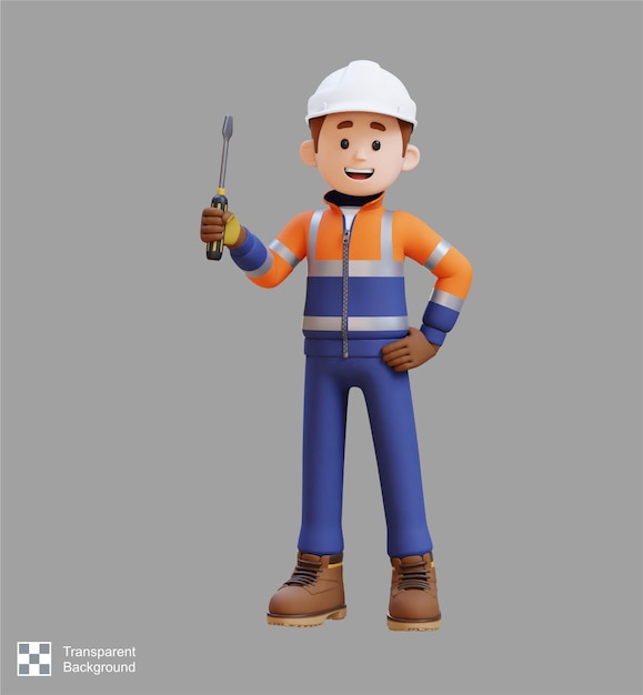 3d construction worker character holding screwdriver in confident pose
