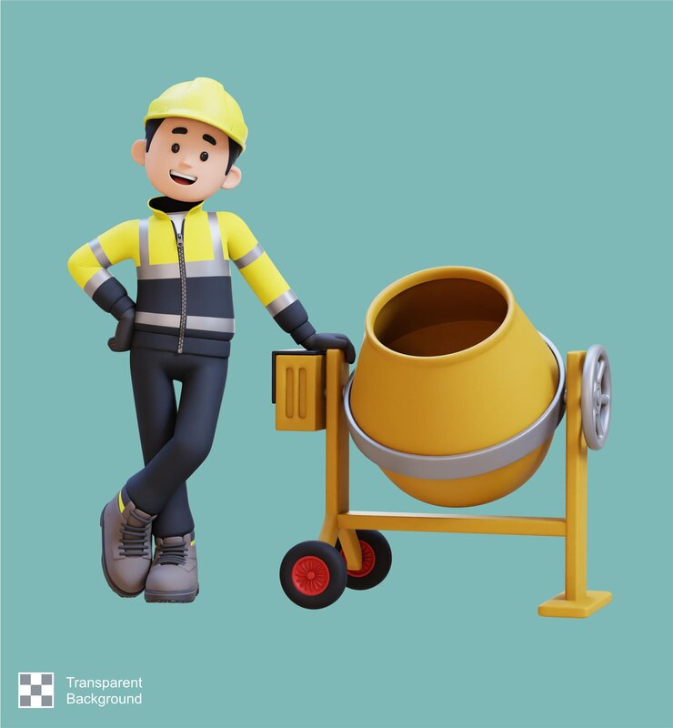 PSD 3d construction worker character lying on concrete mixer