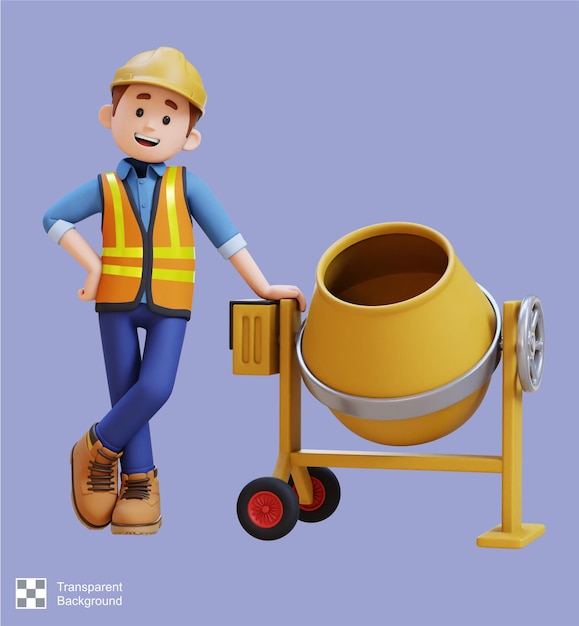 PSD 3d construction worker character lying on concrete mixer