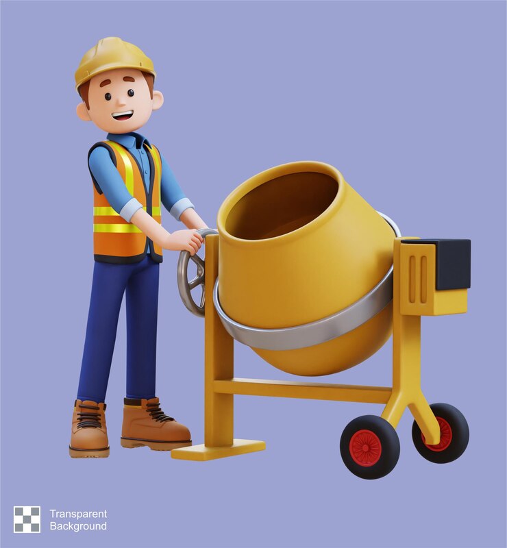 PSD 3d construction worker character working on concrete mixer
