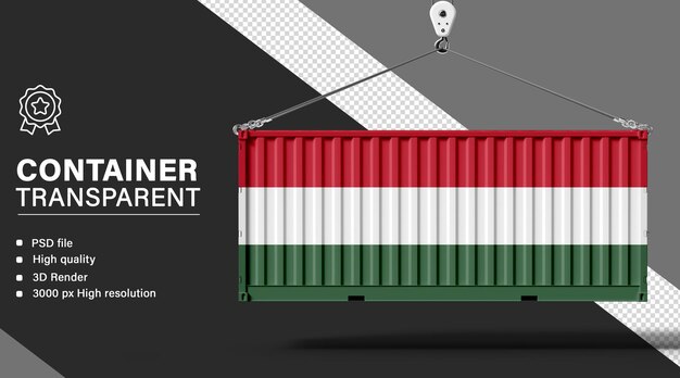 3d container with hungary flag isolated on transparent background