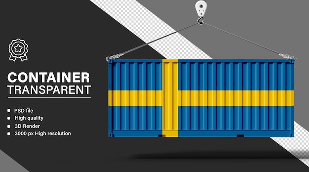 3D container with Sweden flag isolated on transparent background