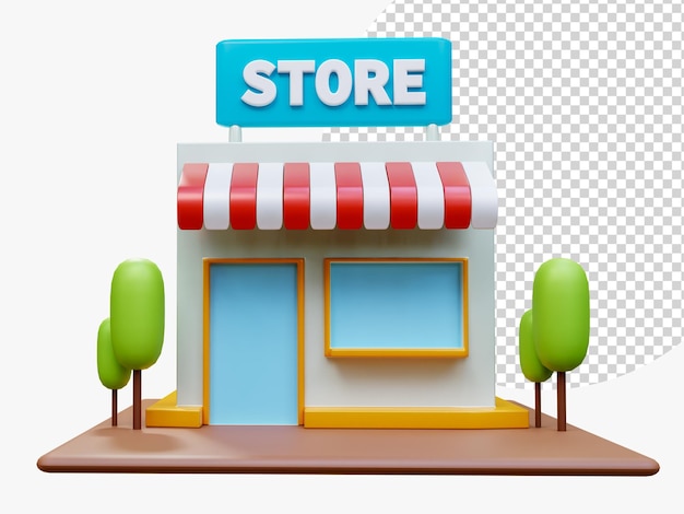 PSD 3d convenience store edificio con tenda da sole e albero shopping online concetti architettura commerciale esterno strada mercato al dettaglio negozio locale vendita vetrina piccola impresa rendering 3d