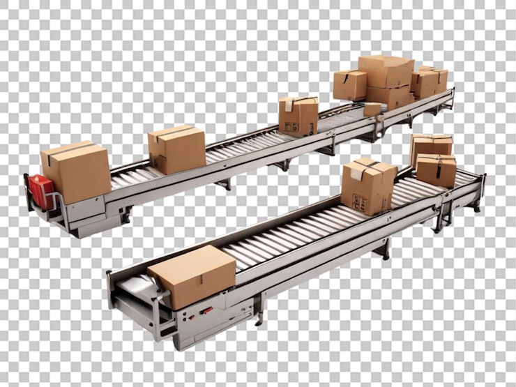 PSD 3d of conveyor line with boxes on white background