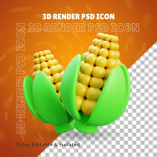 PSD illustrazione dell'icona di mais 3d o rendering 3d di mais isolato o icona di cibo di mais salutare 3d