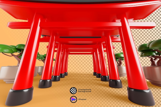 日本の庭園で鮮やかな赤いトーリゲートの廊下 3d 建築 日本の寺院への道 黃色の背景にボンサイの木がある 方形のアーチのトンネル 視点