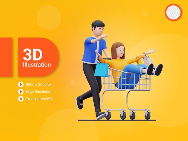 3d couple having fun while shopping illustration