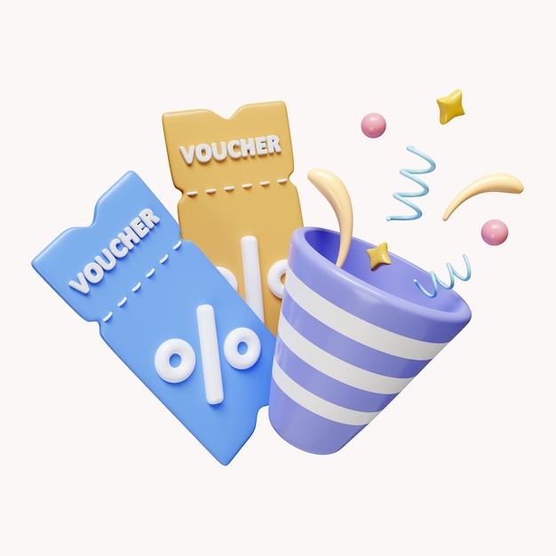 3d coupon voucher sconti per lo shopping o lo shopping online biglietti per le vendite sconti sui prezzi speciali icona dell'ora di vendita flash isolata su sfondo bianco illustrazione del rendering 3d tracciato di ritaglio