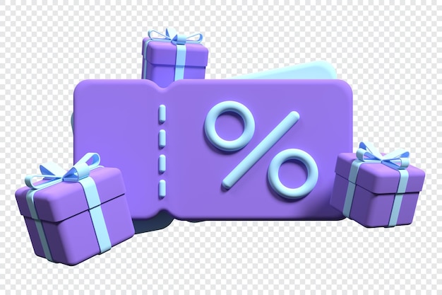 3D-coupons met geschenken Coupon met geschenkdoos en een procentteken Verkoop en retail commercieel concept 3D-rendering illustratie