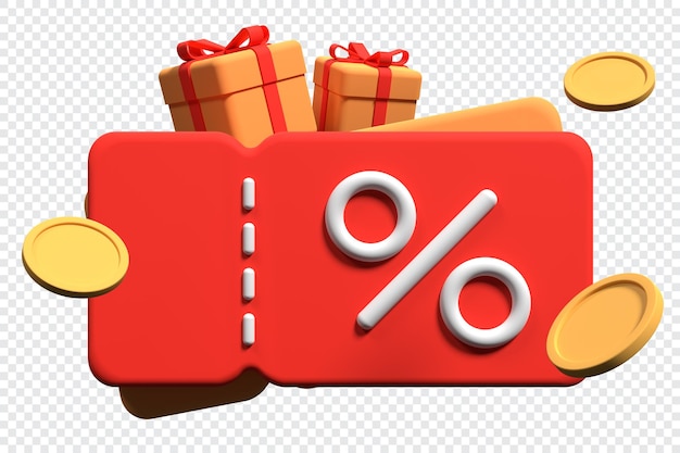 3d coupons with gifts coupon with gift box and a percentage sign sale and retail commercial concept 3d rendering illustration
