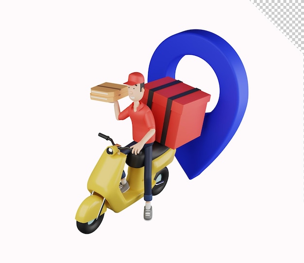 3d courier character delivering food packages in front of location icons on white background