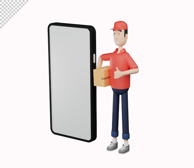 PSD 3d courier character holding cardboard and holding thumbs up next to phone screen