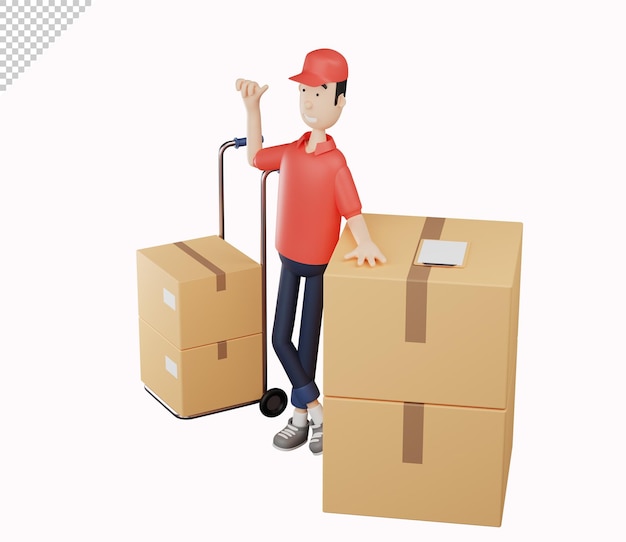 3d courier character leaning on pile of cardboard and raising thumbs up on white background