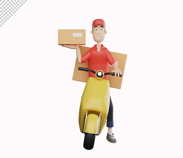 PSD 3d courier character sending parcel using scooter on white background 3d rendering illustration