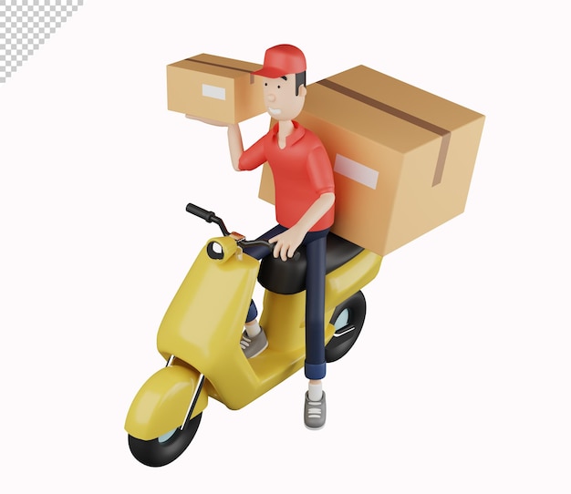 PSD 3d courier character sending parcel using scooter on white background 3d rendering illustration