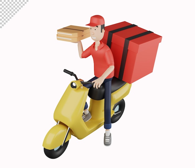 Carattere del corriere 3d che invia l'ordine della pizza utilizzando lo scooter su sfondo bianco illustrazione del rendering 3d