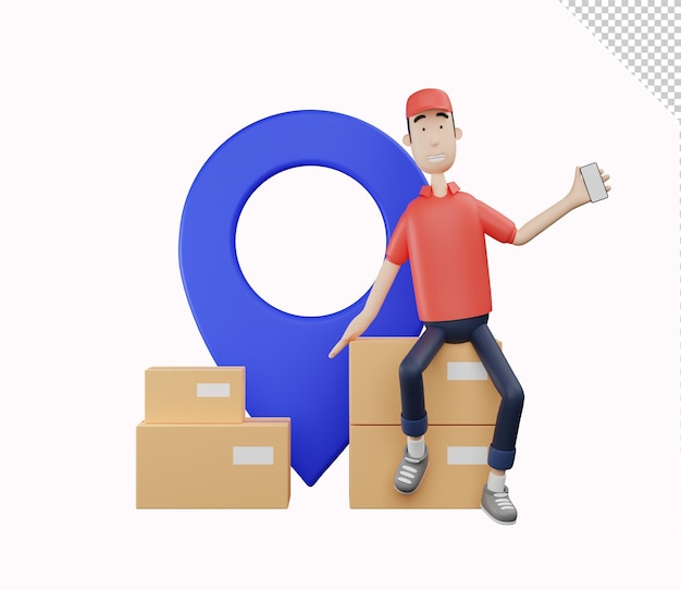 3d courier character sitting holding smartphone beside location icon on white background