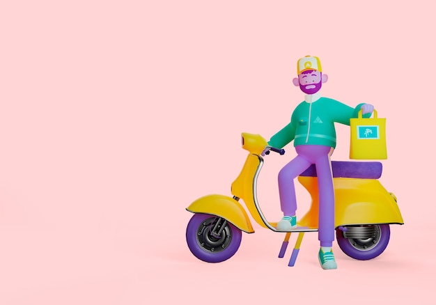 3d Courier illustration of delivery man character holding delivery box
