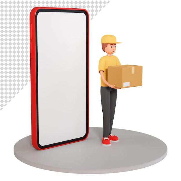 3d courier illustration holding box and stand near big smartphone