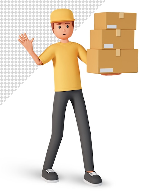 3d courier illustration holding box and waving hi with other hand