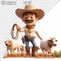 PSD 3d cowboy cartoon herding cattle on a sprawling ranch