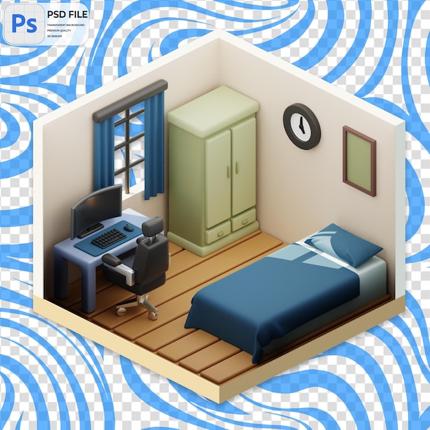 PSD 3d cozy bedroom render illustration icon isolated png