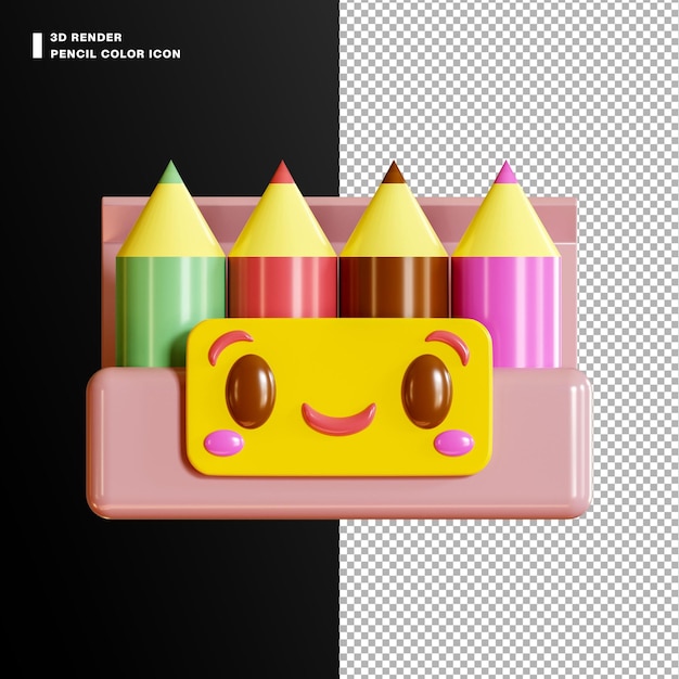 PSD 3d crayons or pencil color icon with a smiley face on the top