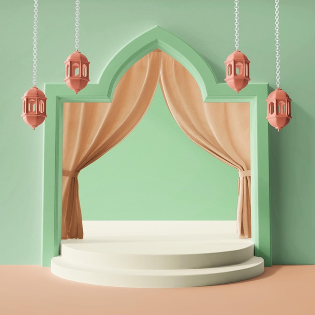 3d 창의적 개념 아랍어 호 및 랜턴 계단 제품 디스플레이 이슬람 Eid Al Fitr 테마