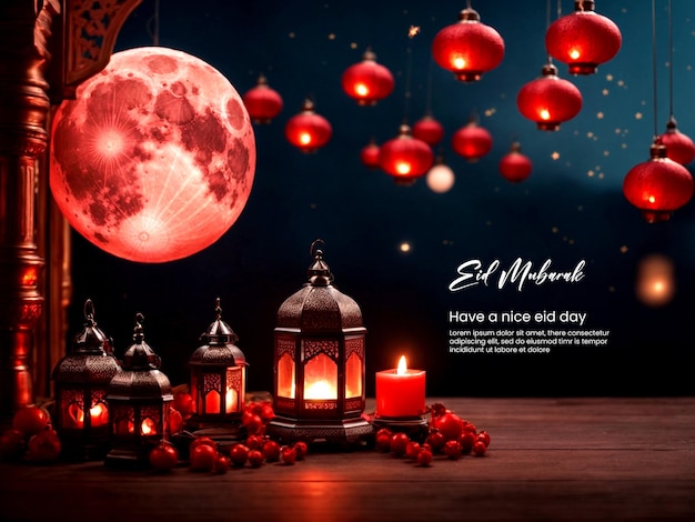 3d Crecent moon and lantern for Ramadan and Eid background design template for Muslim festival