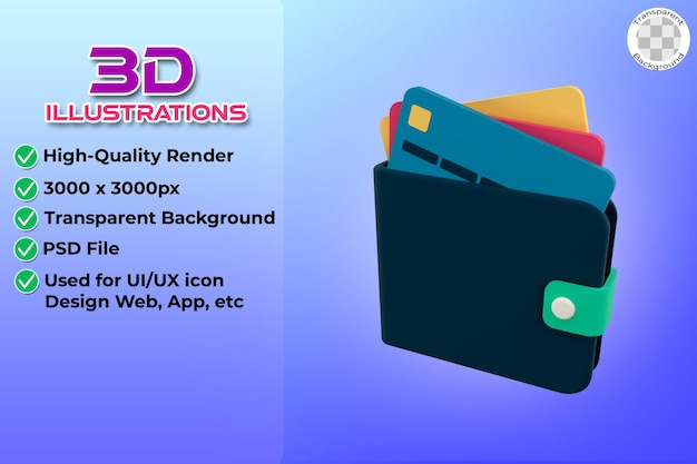 3d credit card in wallet for online payment on transparent background 3d rendering