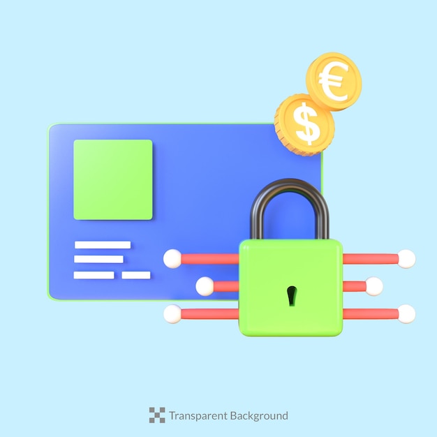 PSD 3d credit card with padlock money coin icon illustration render safe online banking