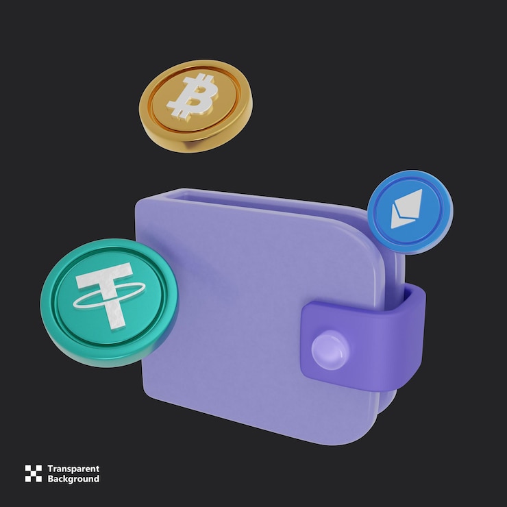 PSD 3d cryptocurrency usdt ethereumeth bitcoin met portefeuille 3d illustratie