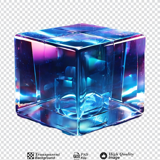 PSD 3d 크리스탈 유리 큐브는 투명한 배경에 굴절과 홀로그램으로 고립되어 있습니다.