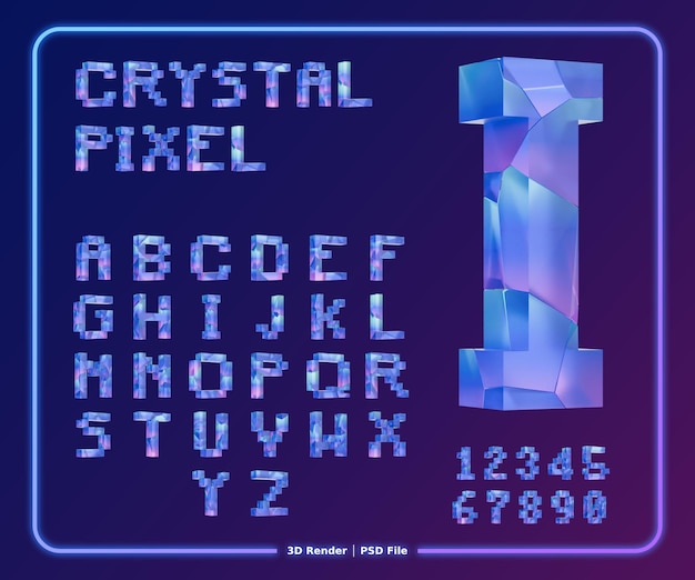 3D クリスタル ピクセル アルファベットと数字 フューチャリスティックなスタイル