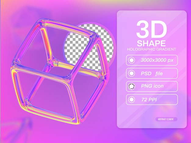 3D cube frame isolated with colorful hologram chameleon color gradient