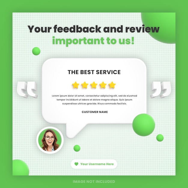 3d顧客フィードバックレビューまたはモックアップ付きの証言デザインソーシャルメディアinstagram投稿テンプレート