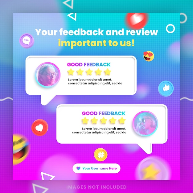 モックアップ付きの3dカスタマーフィードバックレビューまたは証言ソーシャルメディアinstagram投稿テンプレート