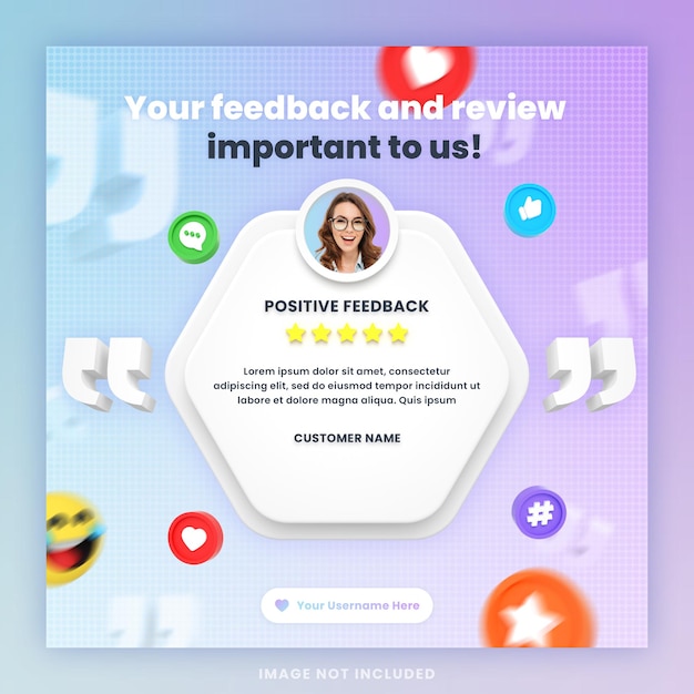 モックアップ付きの3dカスタマーフィードバックレビューまたは証言ソーシャルメディアinstagram投稿テンプレート