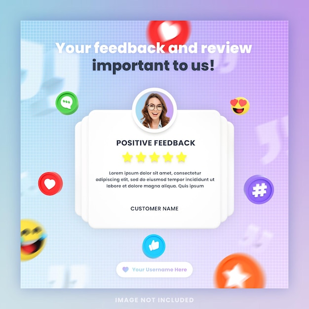 モックアップ付きの3dカスタマーフィードバックレビューまたは証言ソーシャルメディアinstagram投稿テンプレート