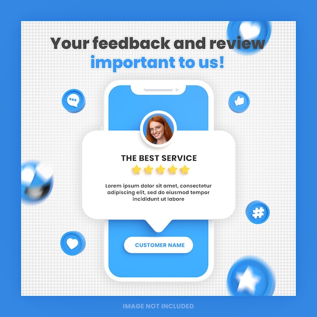 Modello di post di social media per social media con recensione di feedback dei clienti 3d o design di testimonianze con mockup