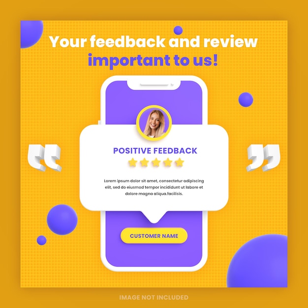 Modello di post di social media per social media con recensione di feedback dei clienti 3d o design di testimonianze con mockup