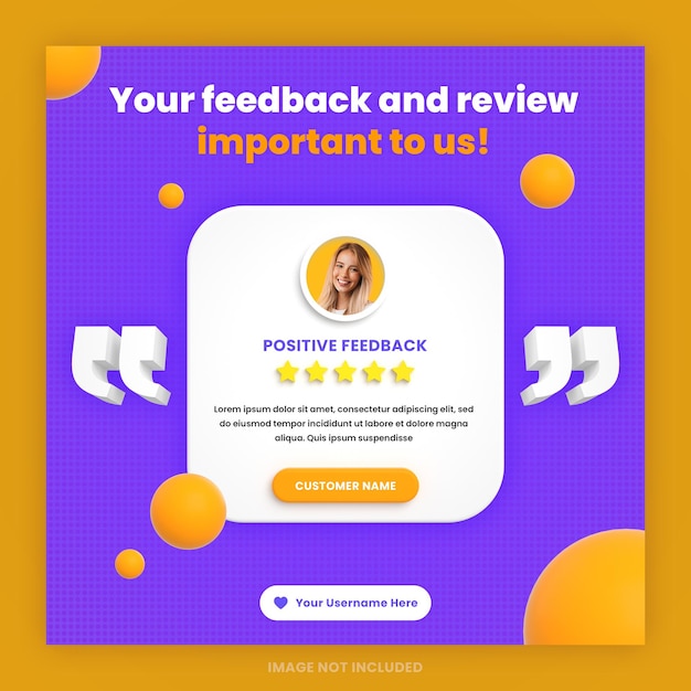 Modello di post di social media per social media con recensione di feedback dei clienti 3d o design di testimonianze con mockup