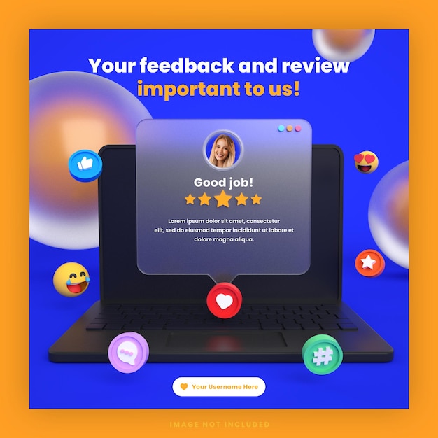 Modello di post di social media per social media con recensione di feedback dei clienti 3d o design di testimonianze con mockup