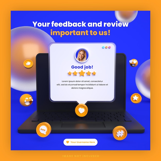 PSD modello di post di social media per social media con recensione di feedback dei clienti 3d o design di testimonianze con mockup