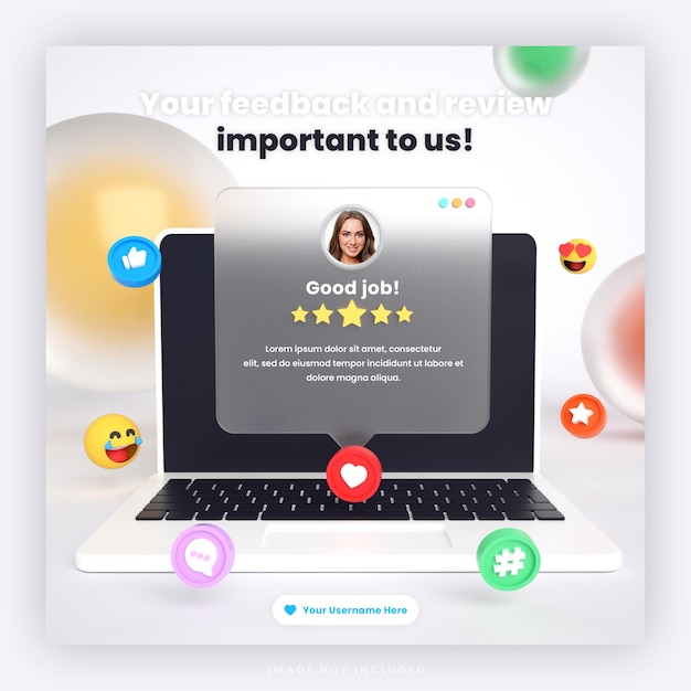 PSD modello di post di social media per social media con recensione di feedback dei clienti 3d o design di testimonianze con mockup