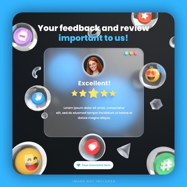 Modello di post di social media per social media con recensione di feedback dei clienti 3d o design di testimonianze con mockup