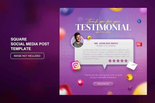 PSD recensione di feedback dei clienti 3d o modello di post di instagram di social media di testimonianza con mockup