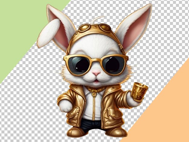 PSD 3d cute adorable bunny wearing golden jacket and sunglasses