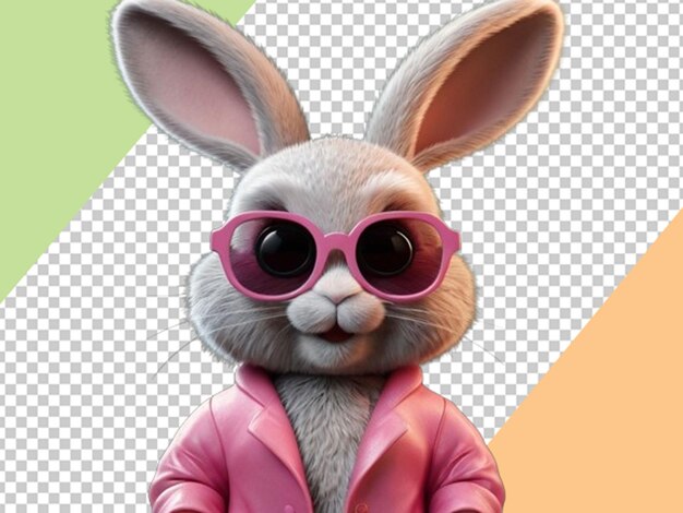 PSD 3d cute adorable bunny wearing pink jacket and sunglasses